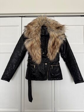 Guess Black Leather Jacket with Tan Faux Fur Collar